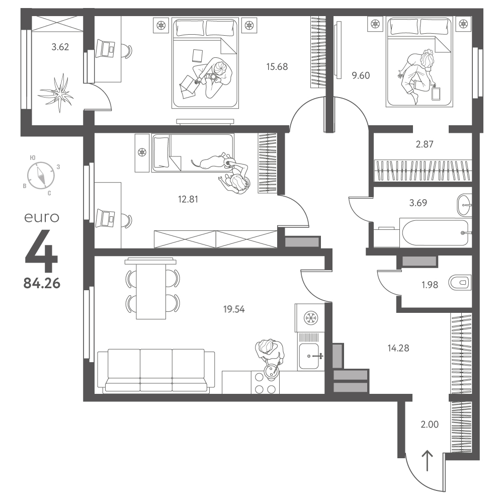 Планировка: 3-комнатная квартира, 84,26 м²