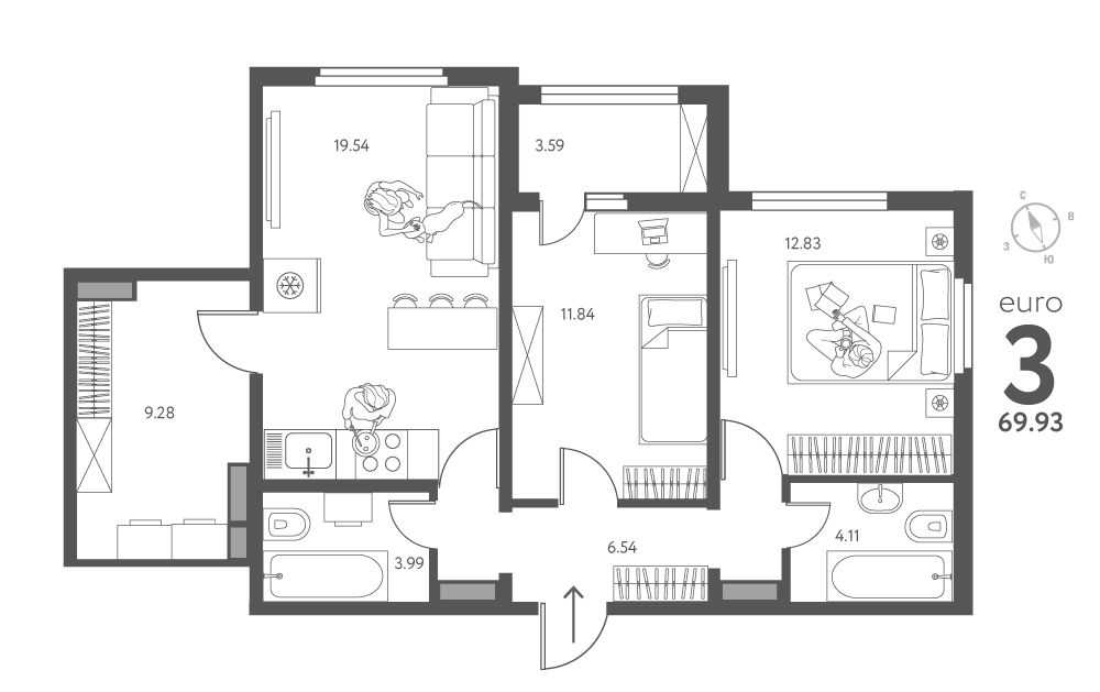 Планировка: 2-комнатная квартира, 69,93 м²