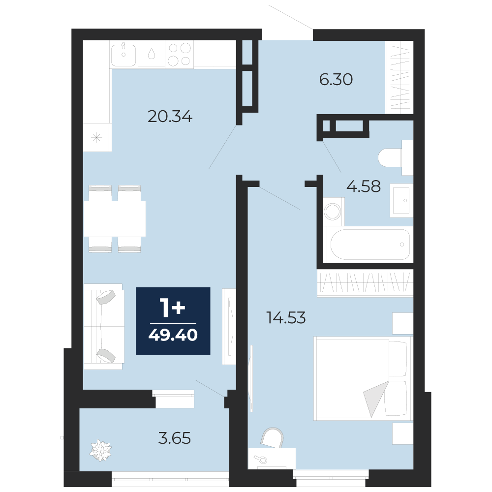 Планировка: 1-комнатная квартира, 49,4 м²
