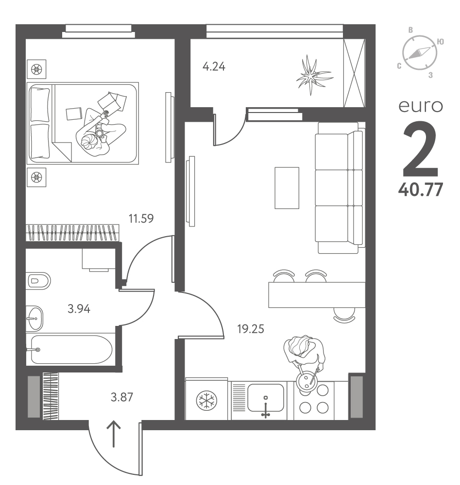 Планировка: 1-комнатная квартира, 40,77 м²