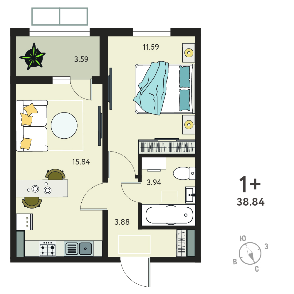Планировка: 1-комнатная квартира, 37,05 м²