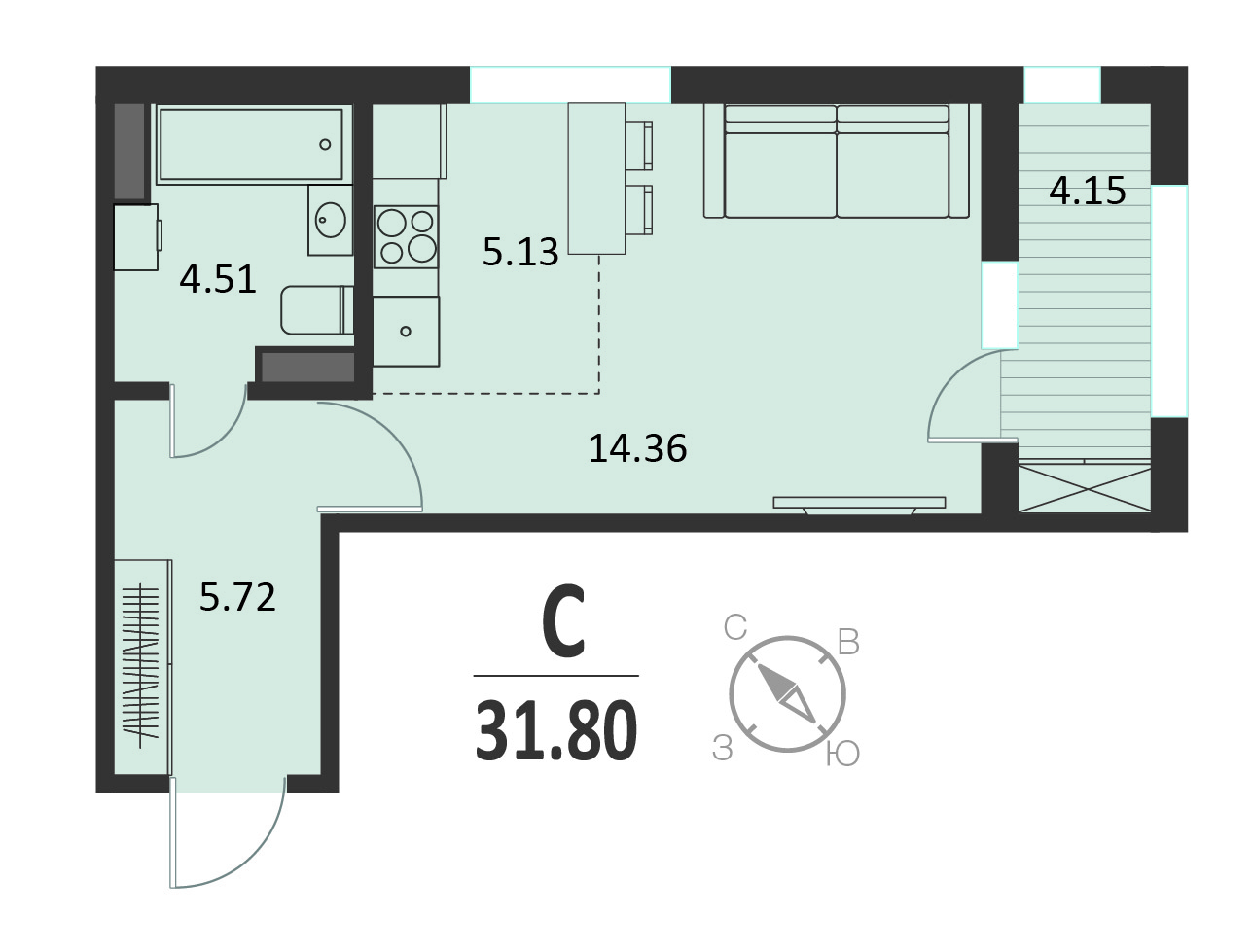 Планировка: Квартира-студия, 31,8 м²