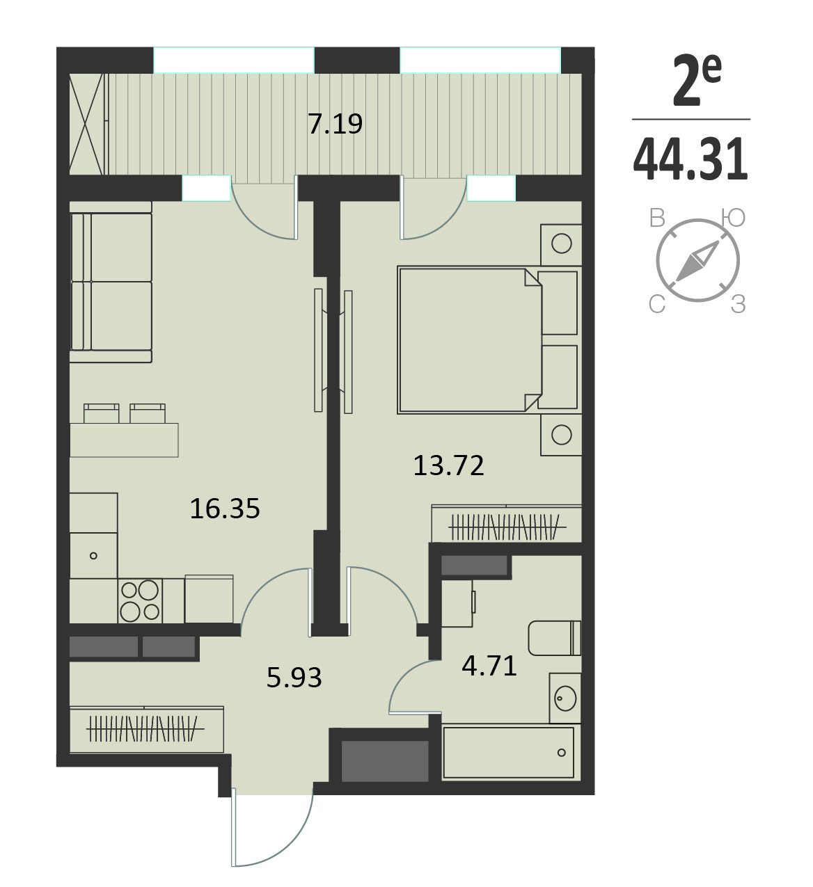 Планировка: 1-комнатная квартира, 44,31 м²