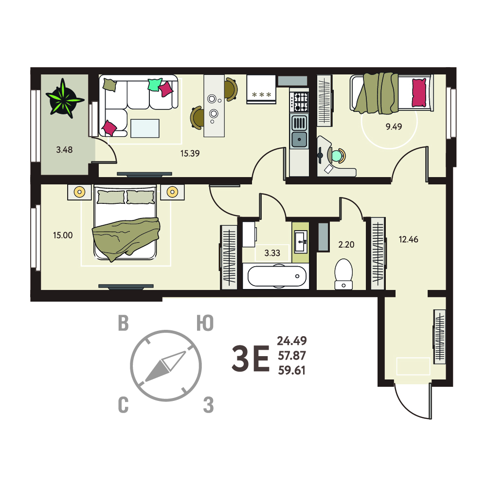 Планировка: 2-комнатная квартира, 59,61 м²