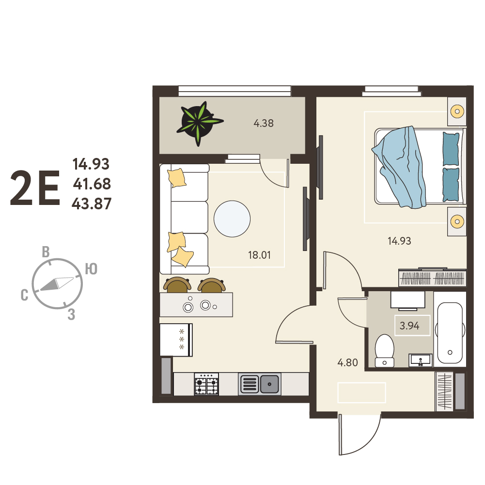 Планировка: 1-комнатная квартира, 43,87 м²