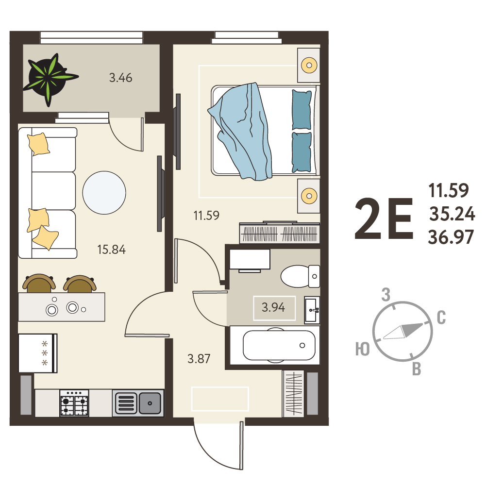 Планировка: 1-комнатная квартира, 36,97 м²