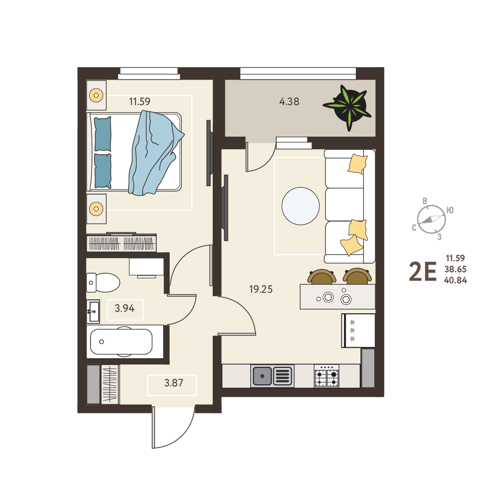 Планировка: 1-комнатная квартира, 40,84 м²