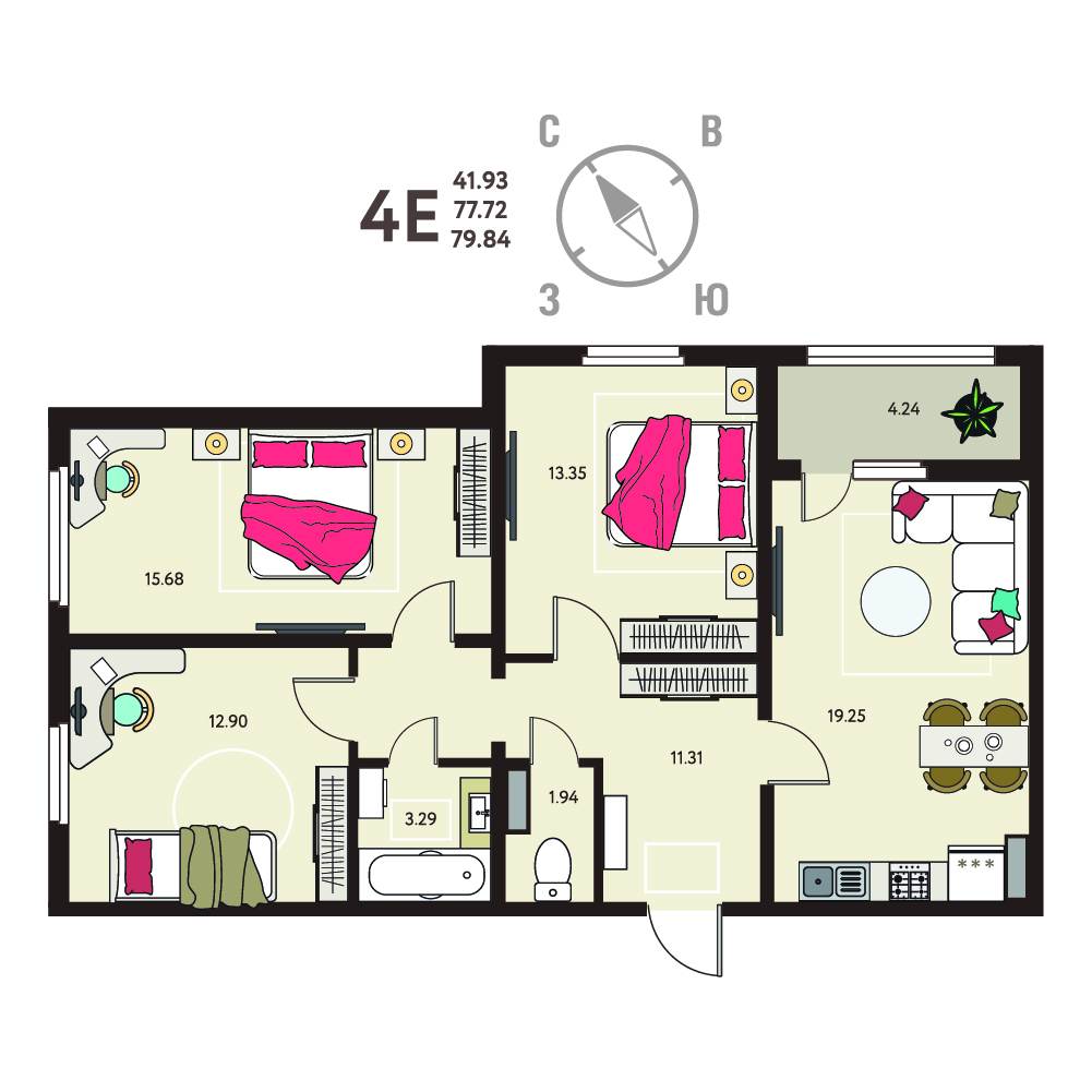Планировка: 3-комнатная квартира, 79,84 м²