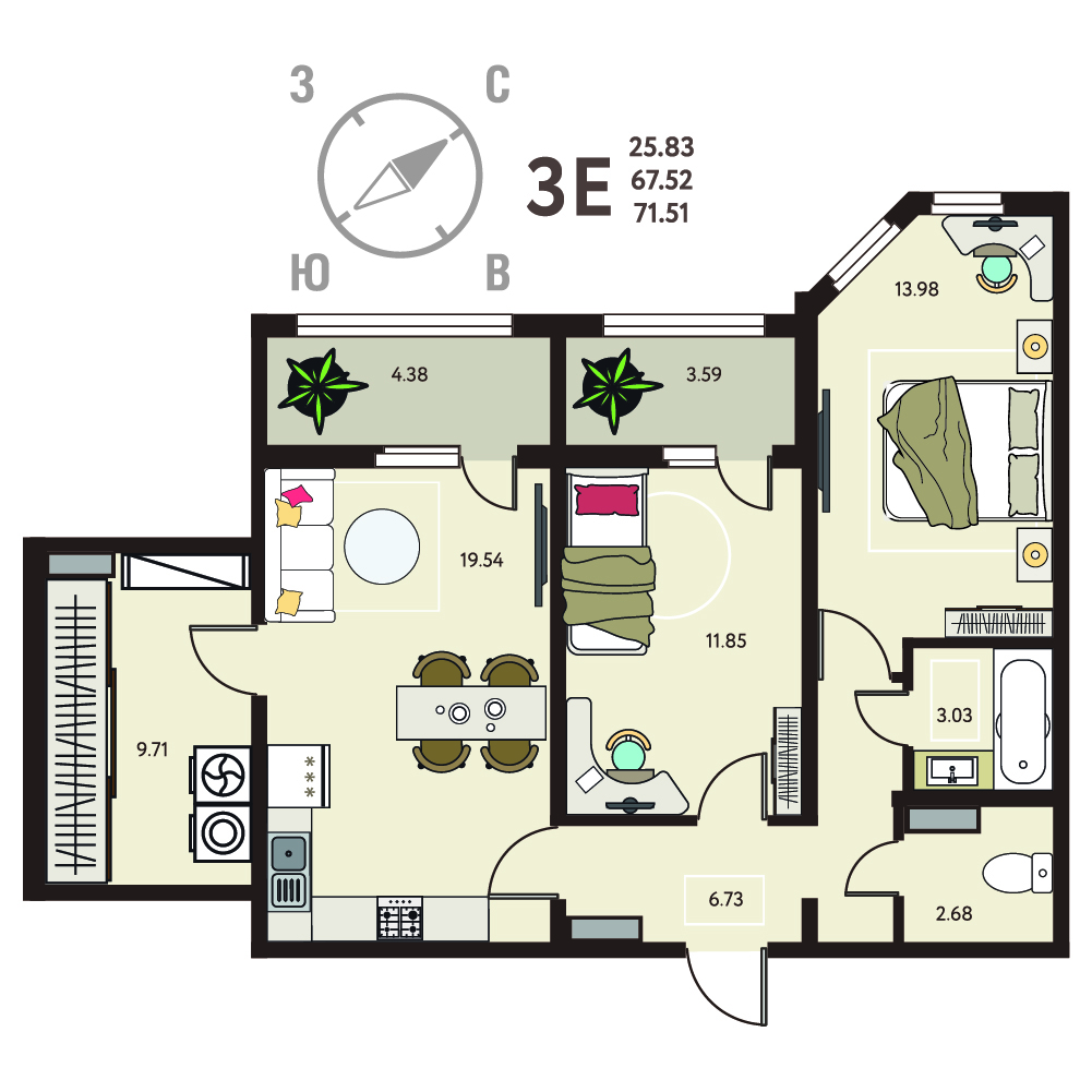 Планировка: 2-комнатная квартира, 71,51 м²