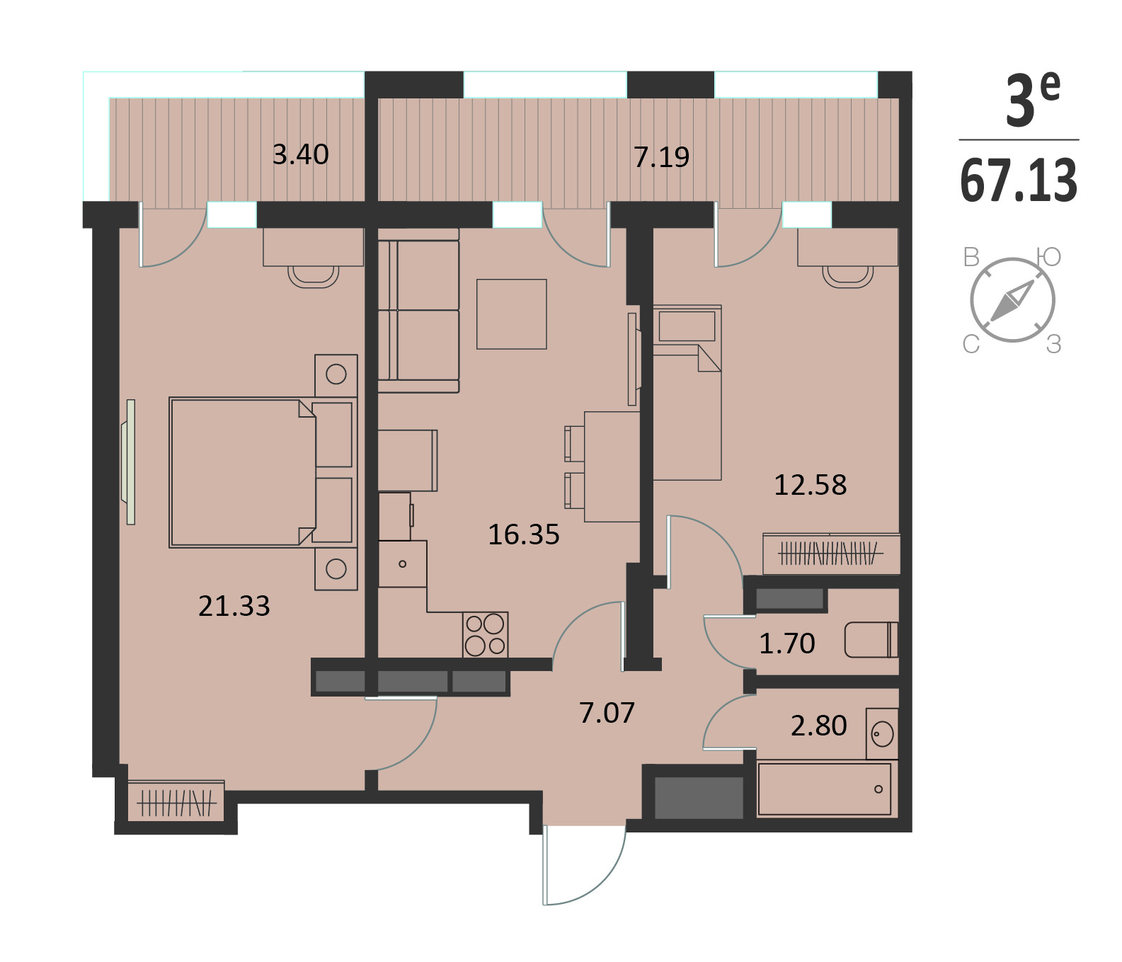 Планировка: 2-комнатная квартира, 67,13 м²