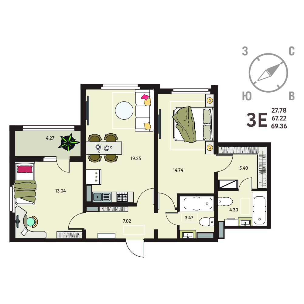 Планировка: 2-комнатная квартира, 69,36 м²