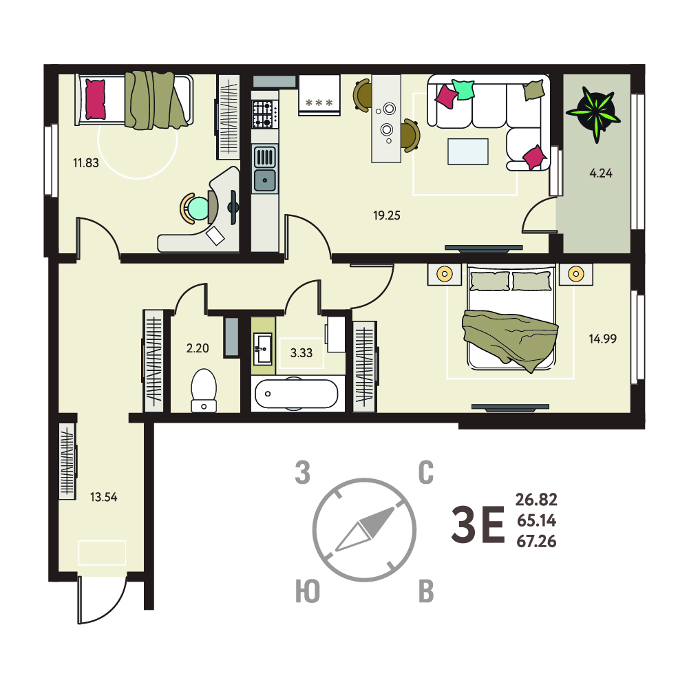 Планировка: 2-комнатная квартира, 67,26 м²