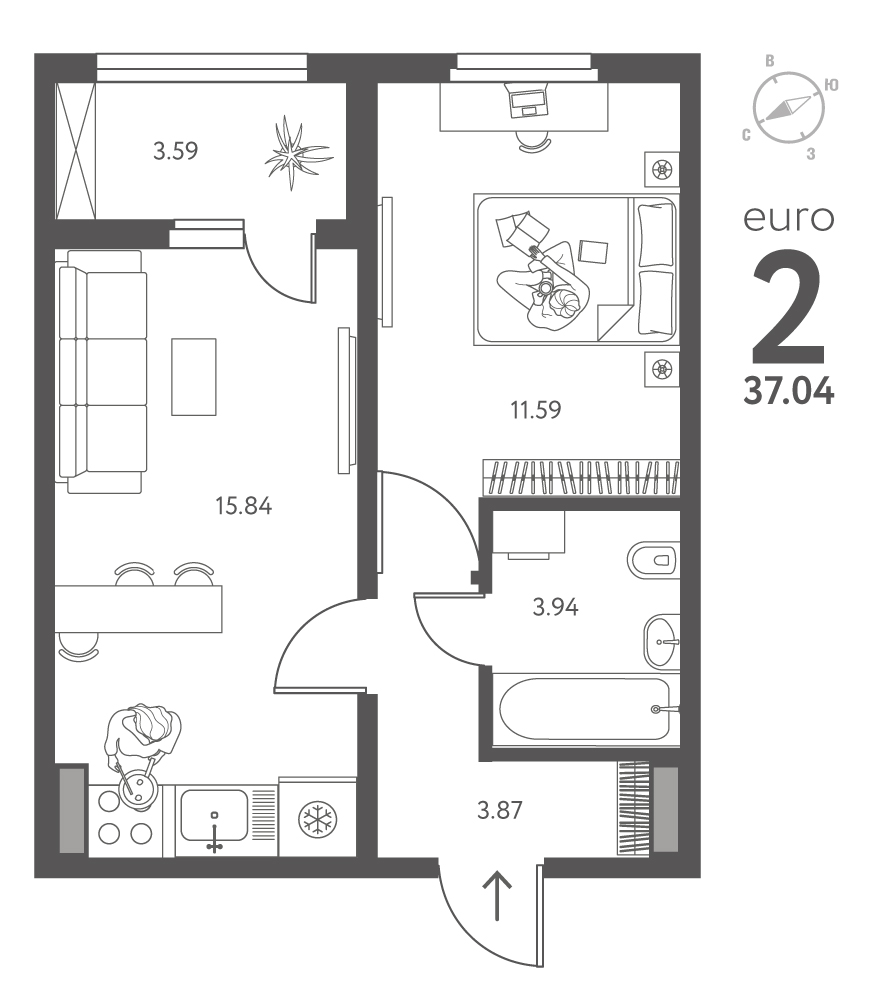 Планировка: 1-комнатная квартира, 37,04 м²