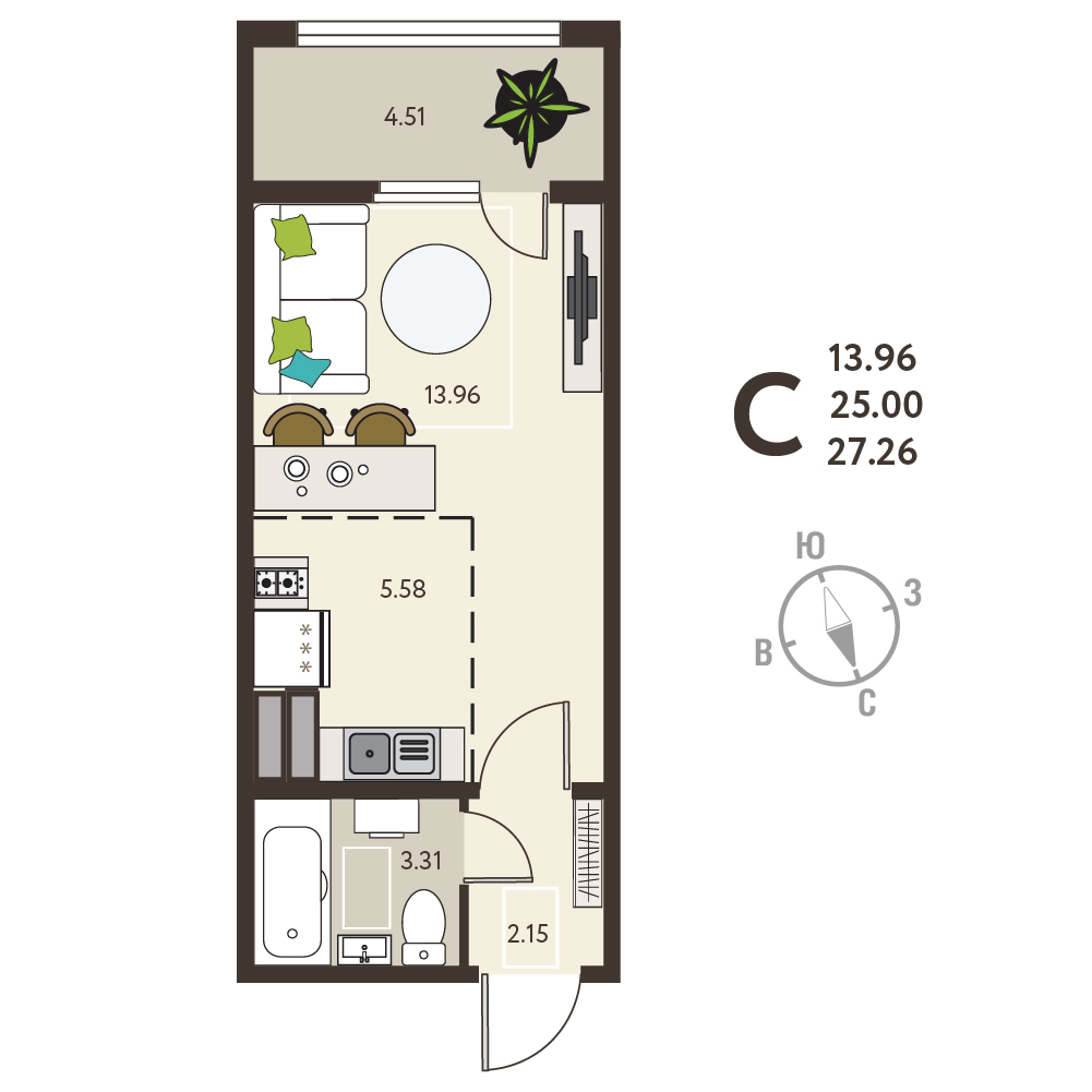 Планировка: Квартира-студия, 27,26 м²