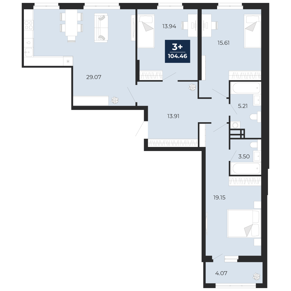 Планировка: 3-комнатная квартира, 104,46 м²