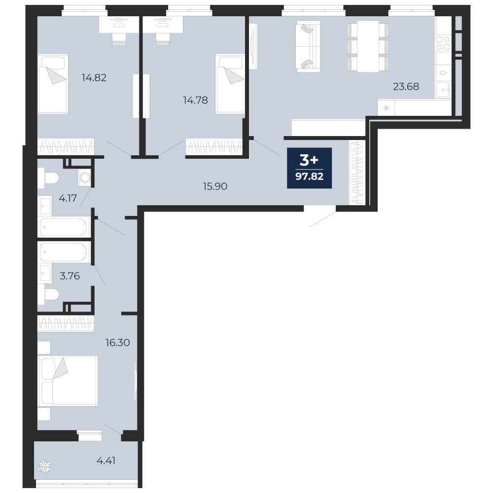 Планировка: 3-комнатная квартира, 97,82 м²