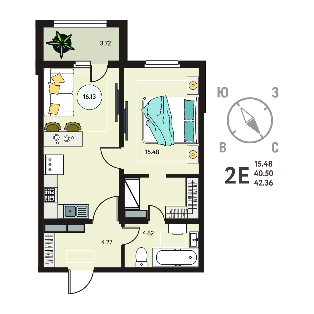 Планировка: 1-комнатная квартира, 42,36 м²