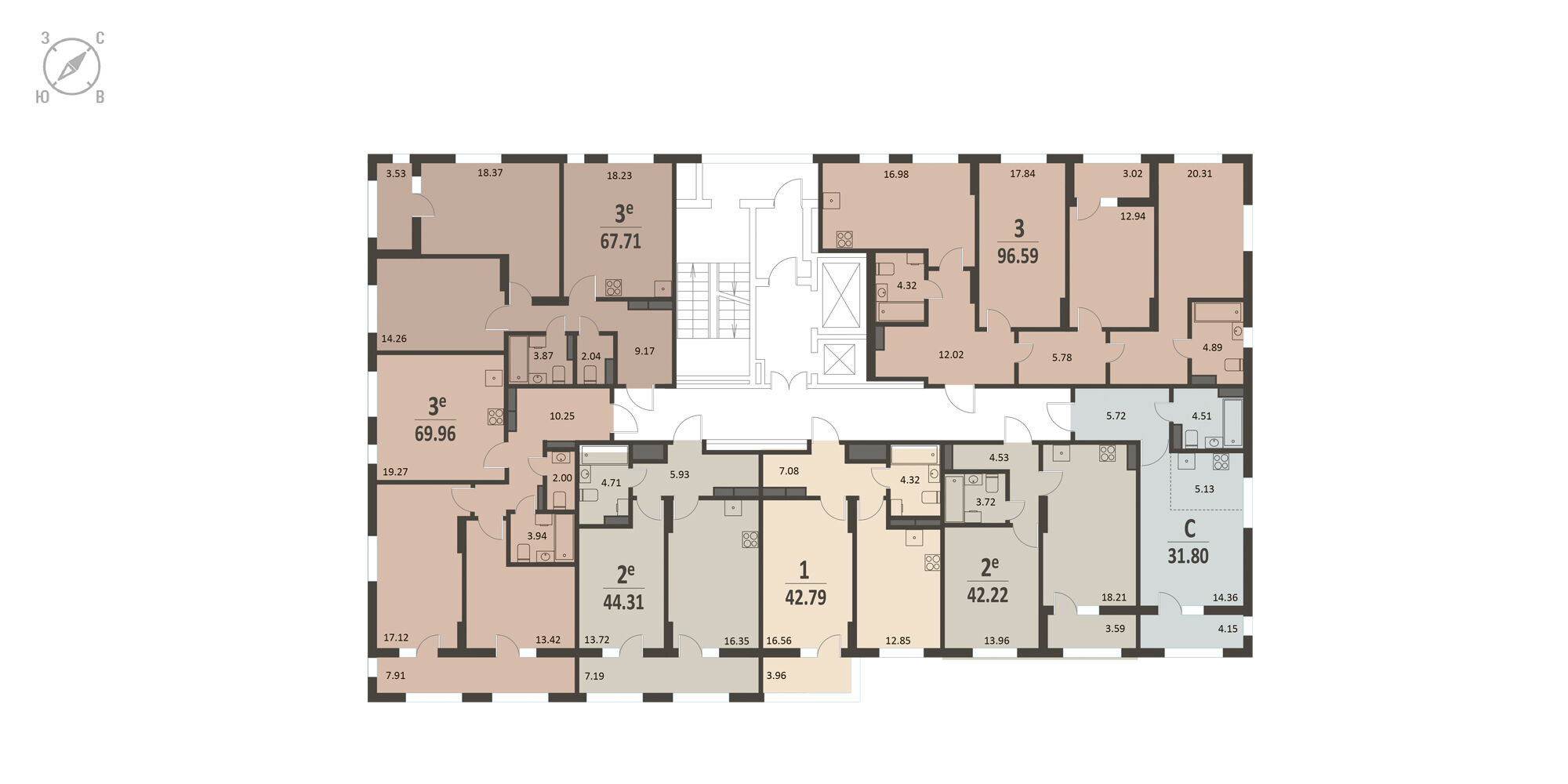 План этажа: 2-комнатная квартира, 67,71 м²
