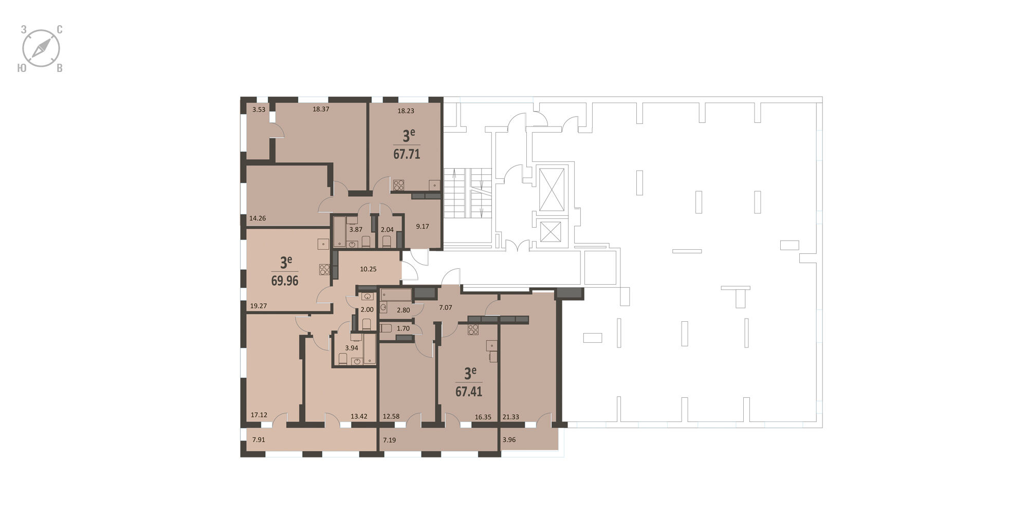 План этажа: 2-комнатная квартира, 67,41 м²