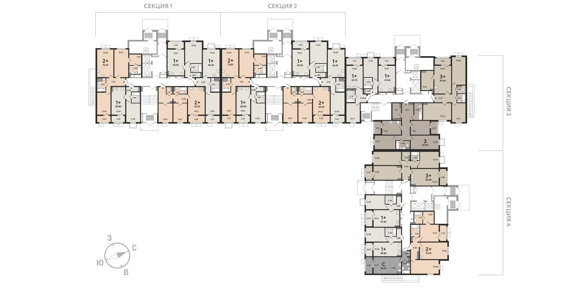 План этажа: 1-комнатная квартира, 37,05 м²